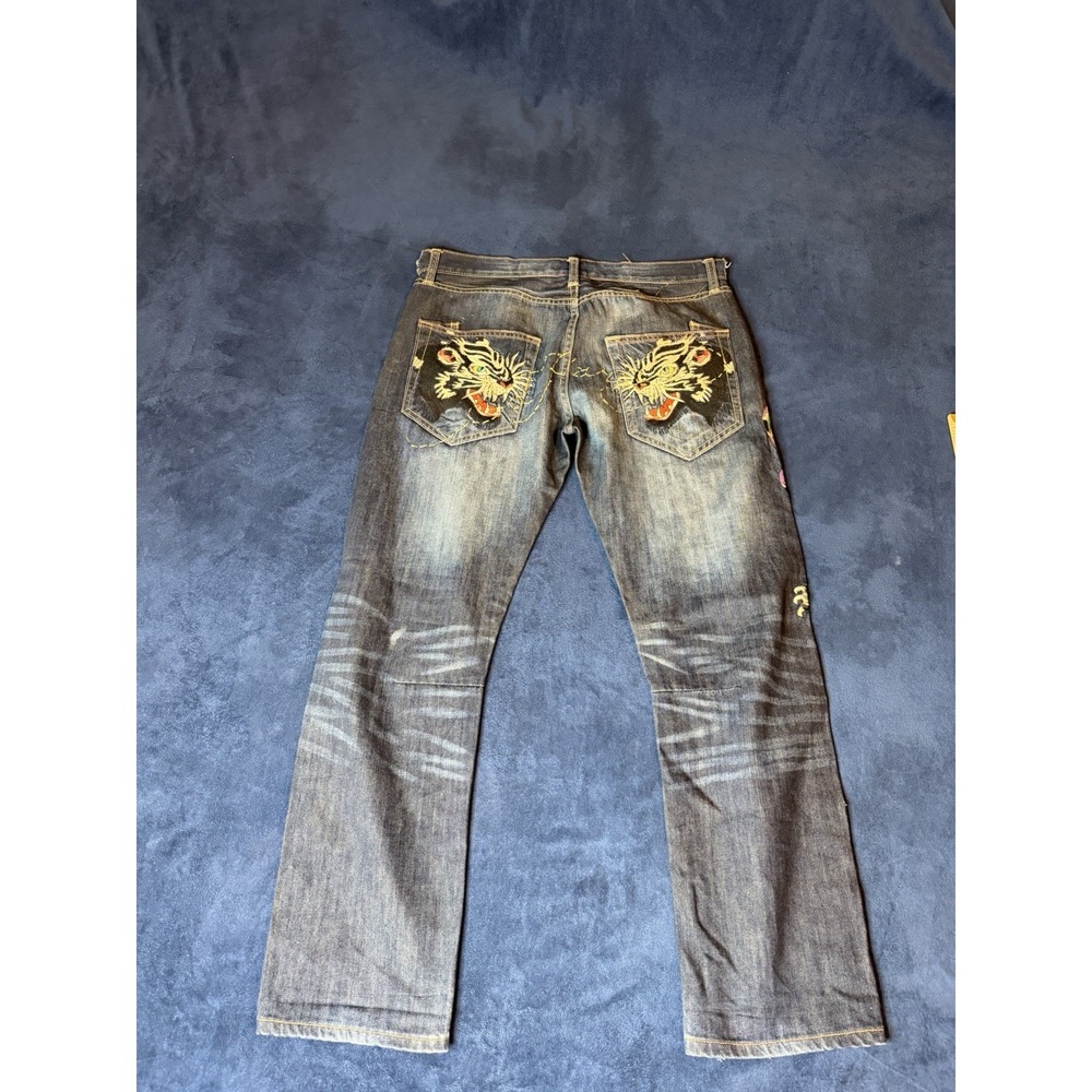 Vtg Y2K Ed Hardy Embroidered Jeans 32x30 Navy (Tiger&Snake) Straight Leg